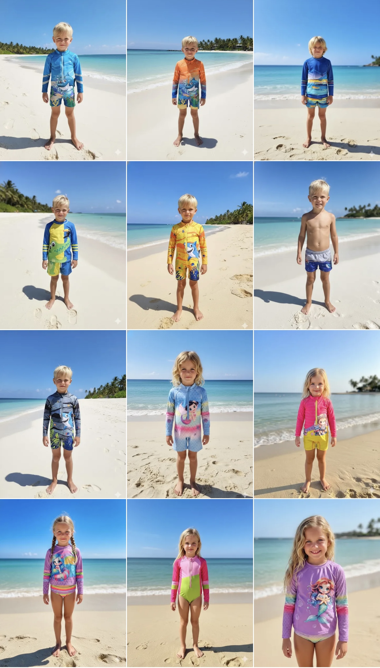 Painel de modelos de moda praia infantil fornecido pela GV, com conjuntos e maiôs estampados na praia.