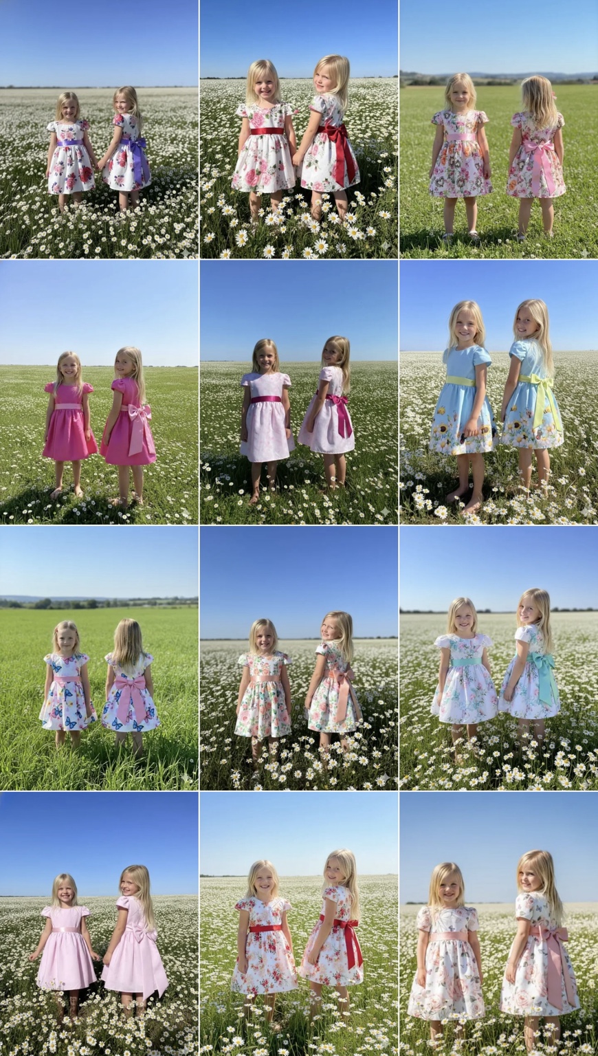 Painel de vestidos infantis estampados fornecido pela GV, com opções florais e laços em diferentes cores.